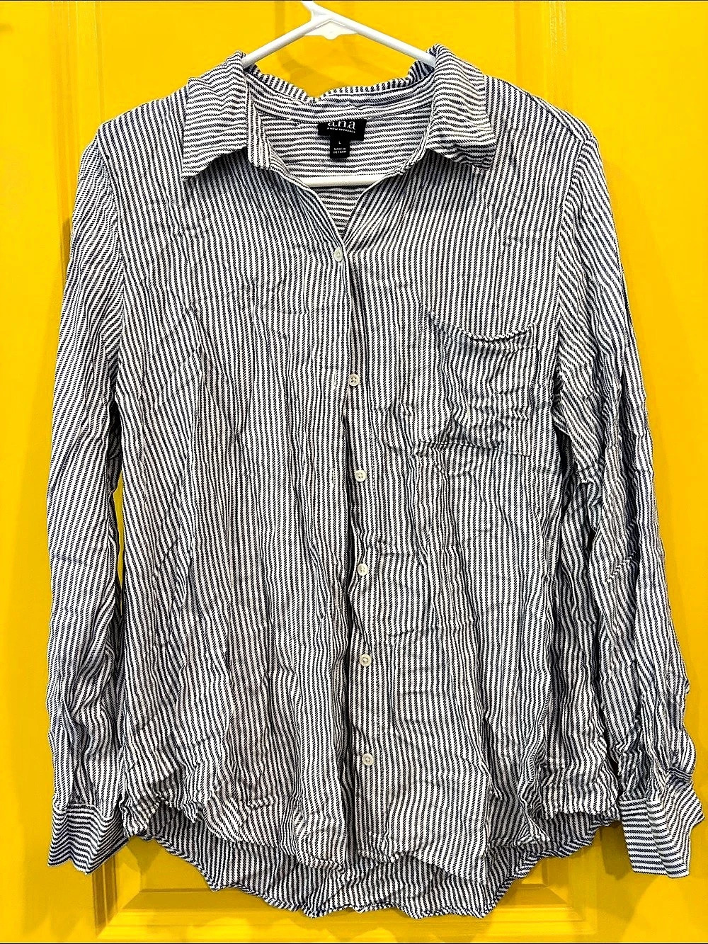 ana Striped Rayon Button Down Shirt in Blue & White Size Large